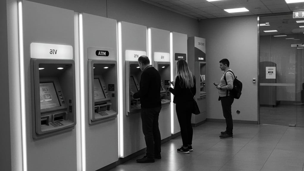Bank customers using a row of ATMs