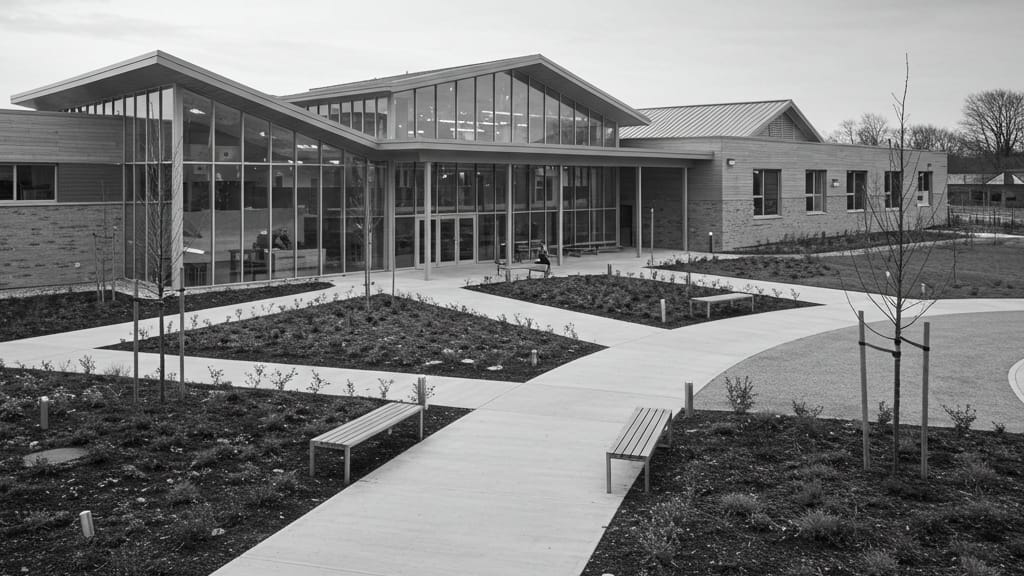 A modern civic building with landscaped walkways