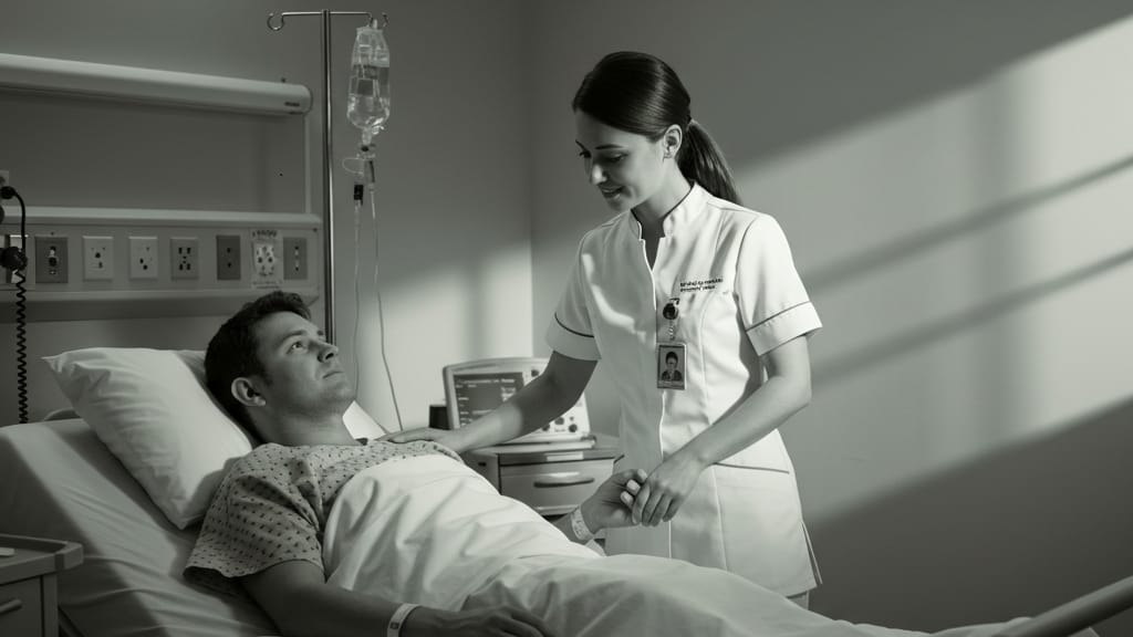 A nurse checking on a patient in a hospital bed